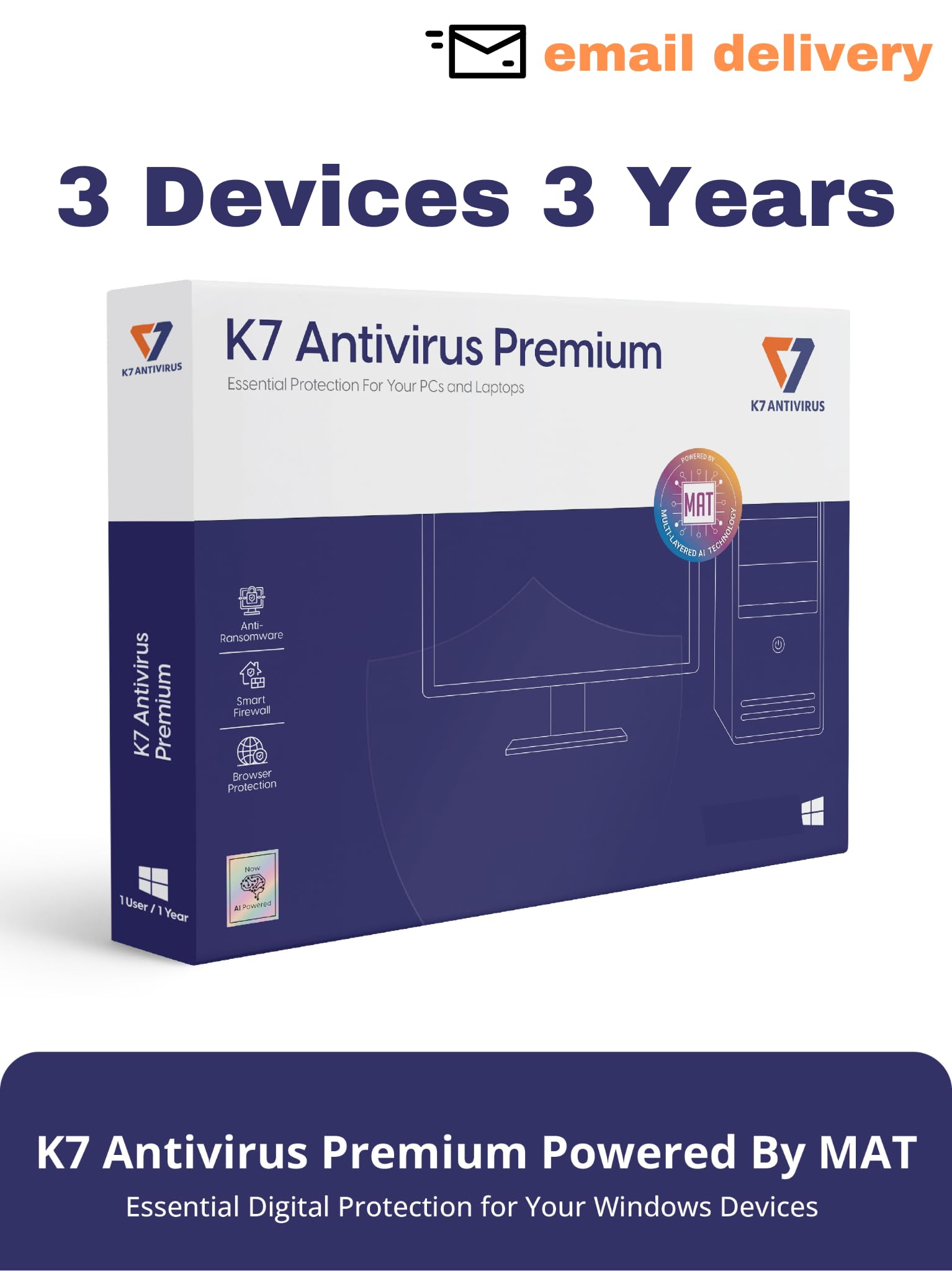 K7 Antivirus Premium Powered By MAT 2025 |3 Users, 3 Years | Virus Protection, Anti-Ransomware, External Device Scanning, Smart Firewall | Antivirus for Laptop, Desktop, PC | Email Delivery in 2 hours