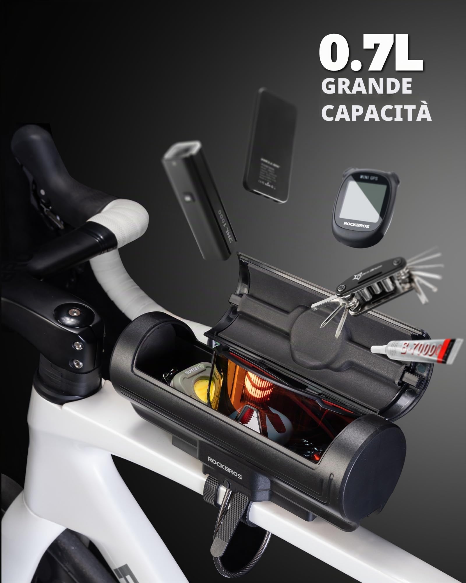 ROCKBROS Borsa Porta Attrezzi Bici 0,7L, Borraccia Porta Attrezzi Bici Corsa Antifurto con Blocco a Combinazione a 3 Cifre, Scatola Durevole, Borse Rigide da Telaio della Bicicletta MTB, Nero