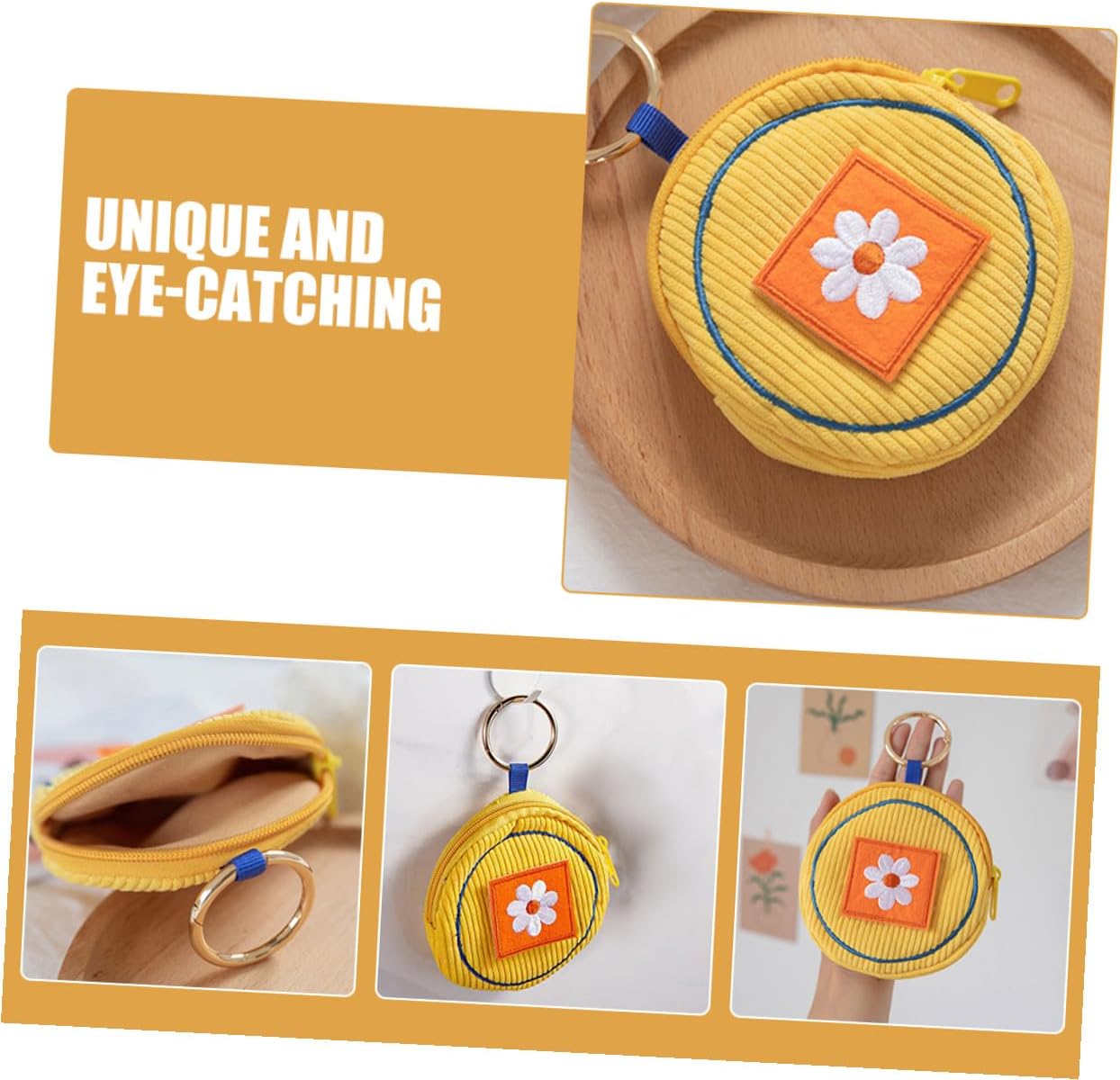 2pcs Cute Mini Coin Purse for Small Embroidered Coin Holder Pouch with Keychain Yellow Compact Wallet for Daily Use