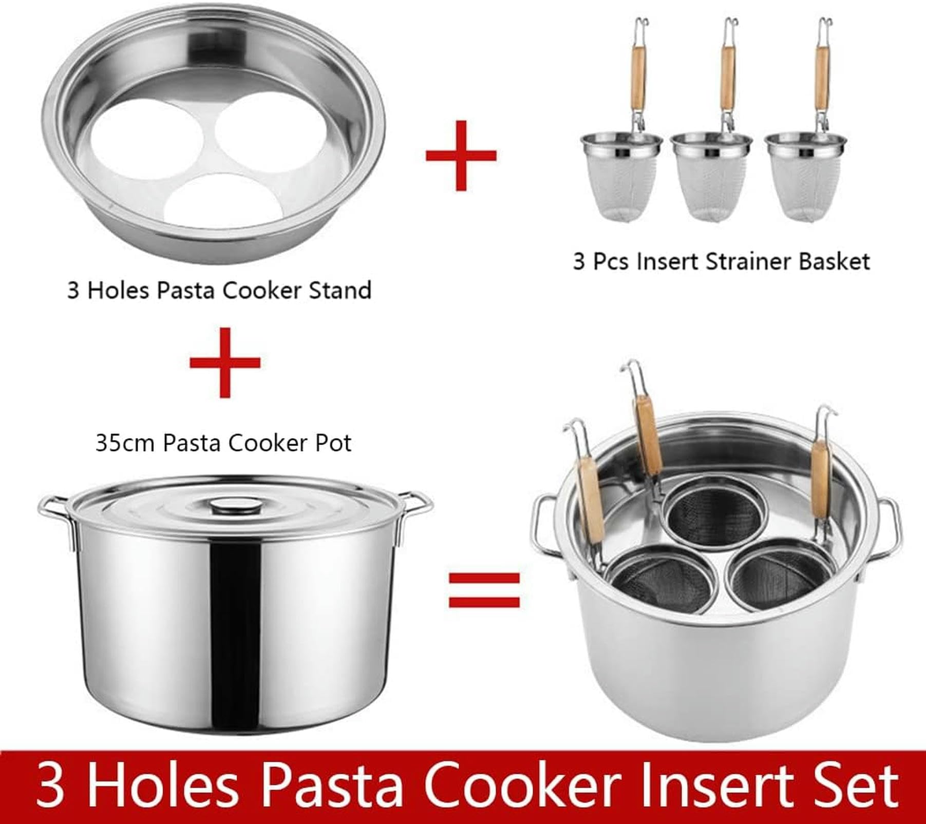 Edelstahl-Nudelkocher-Einsatz-Set, 3 Löcher, Nudeltopf mit Sieb-Einsatzkorb, Suppentopf, Multipots, Kochwerkzeug für Zuhause, Küche, Restaurant, Silber