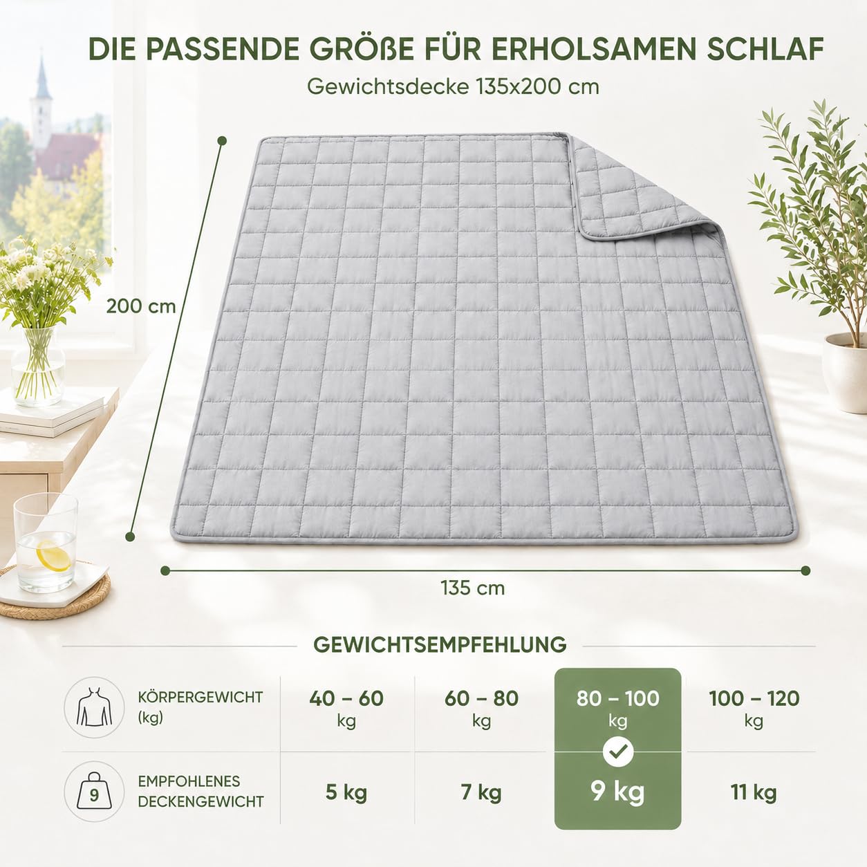 Gewichtsdecke 135x200cm 9kg, Entspannungsdecke 100% Baumwolle Schwere Decke, Weighted Blanket Anti Stress Therapiedecke, Gewichtsdecke Erwachsene zum Besser schlafen, Oeko-Tex Zertifiziert,Hellgrau