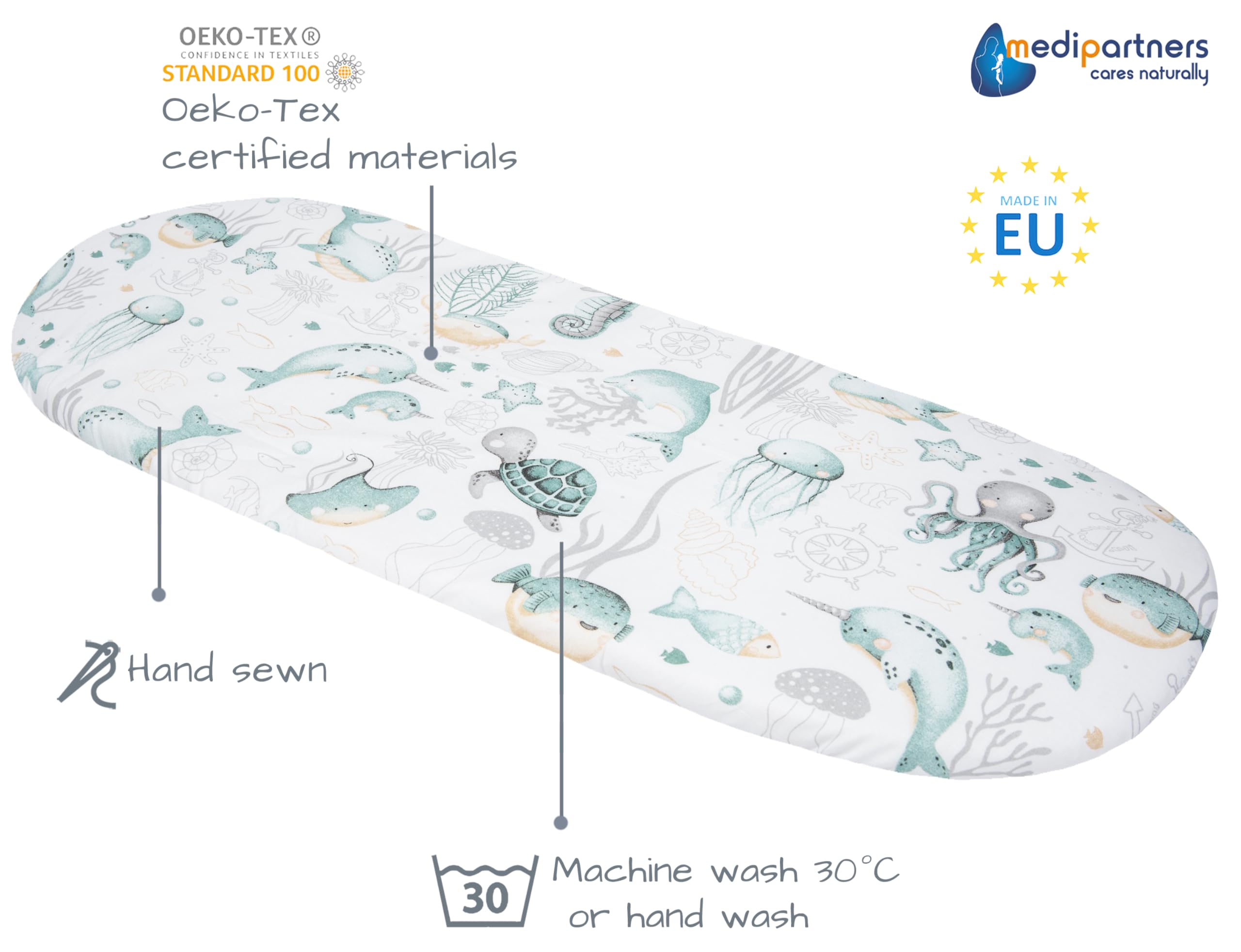 Medi Partners Set of 3 pcs. Fitted Sheet Pram 86 x 40 cm 100% Cotton Mattress Protector Baby, Ocean-white-grey, Three pack - Image 3