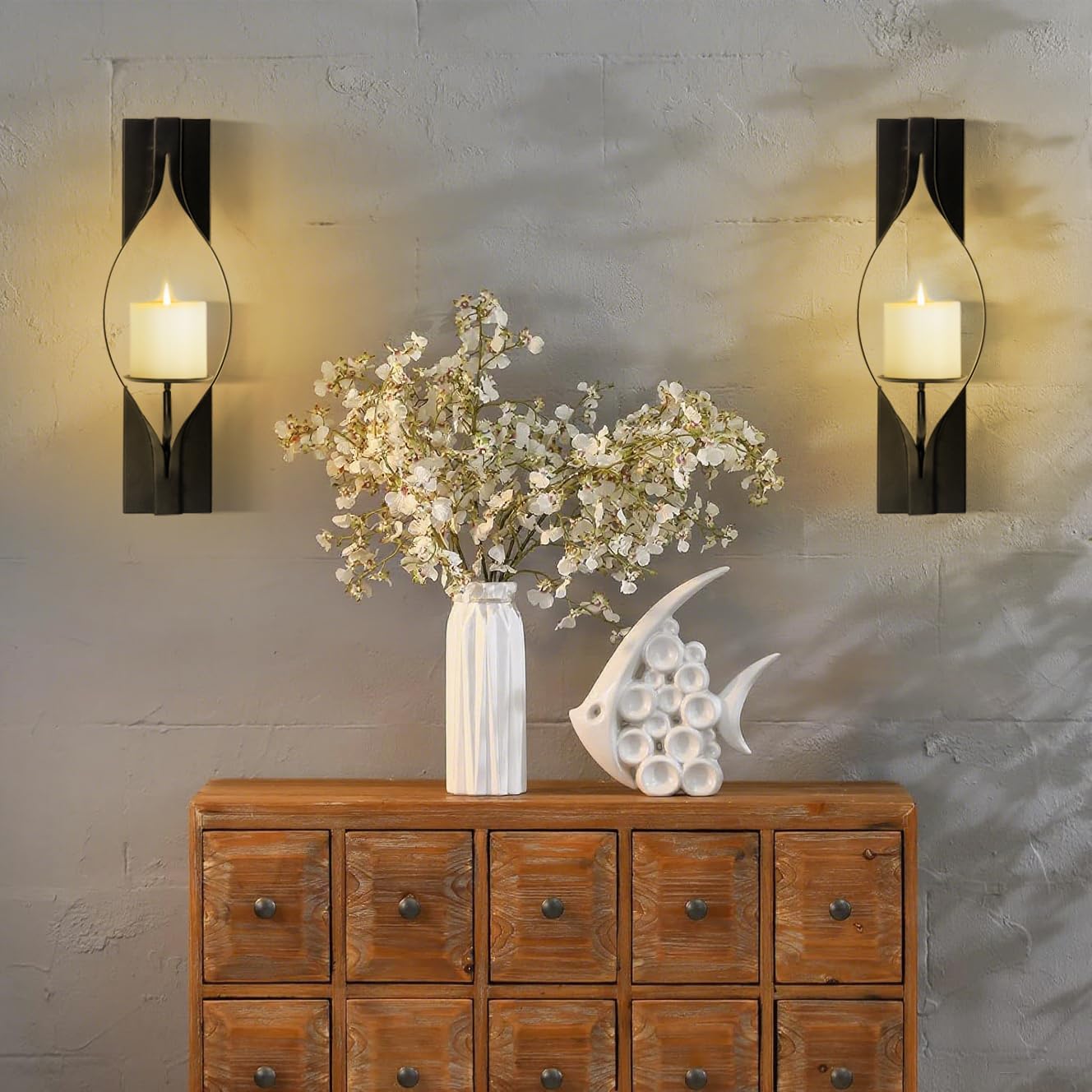 Wall Candle Sconces Set of 2, Decorative Metal Candle Holder for Living Room, Farmhouse, Fireplace (Matte Black)