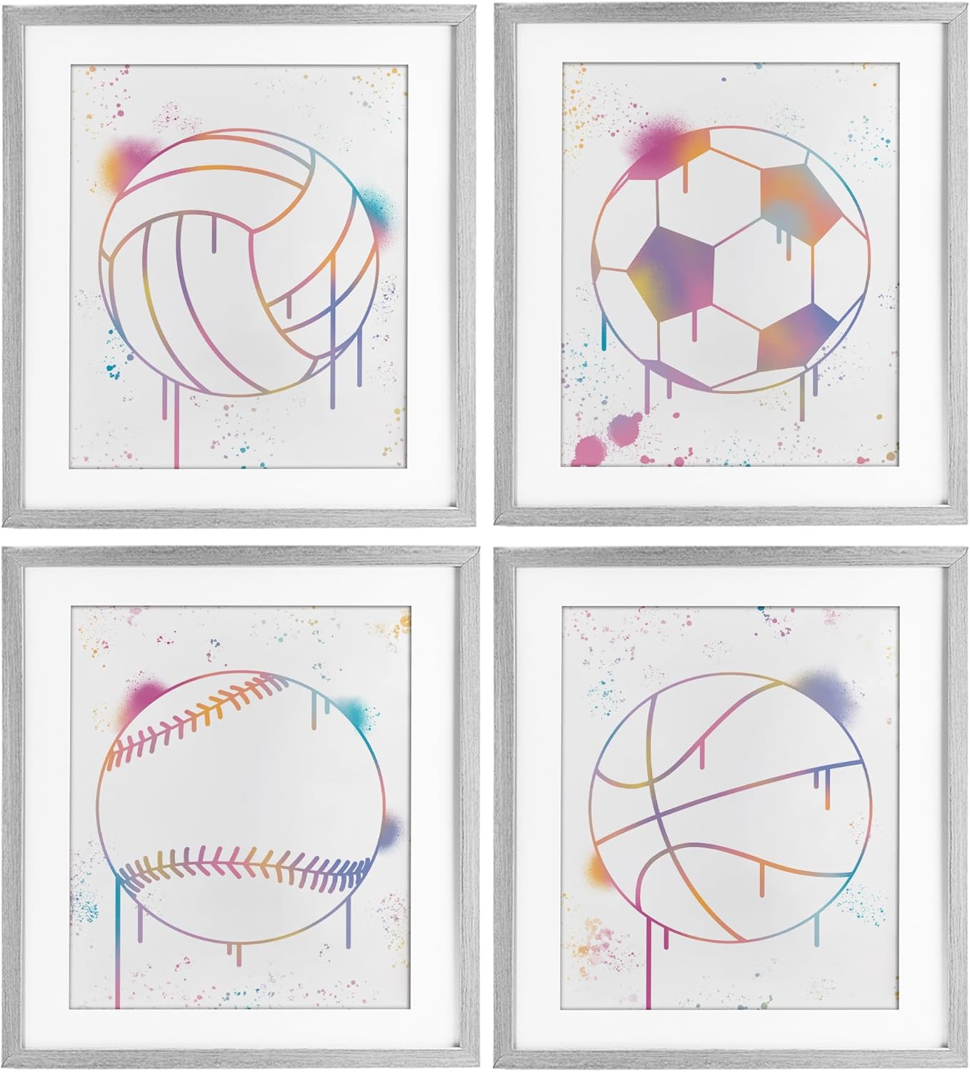Stupell Industries Modern Graffiti Sports Balls 4 Piece Gray Framed Print Under Glass Set, design by Marcus Prime, 16 x 13