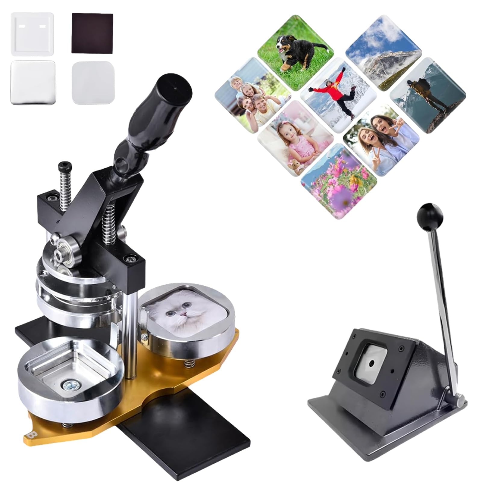 "DIY kwadratowa maszyna do robienia magnesów na lodówkę - 5 x 5 cali ABS lekka prasa do identyfikatorów z obcinaczem do papieru i 200 szt. materiałów, do naklejek na zdjęcia/lodówkę (forma 5 cm) "