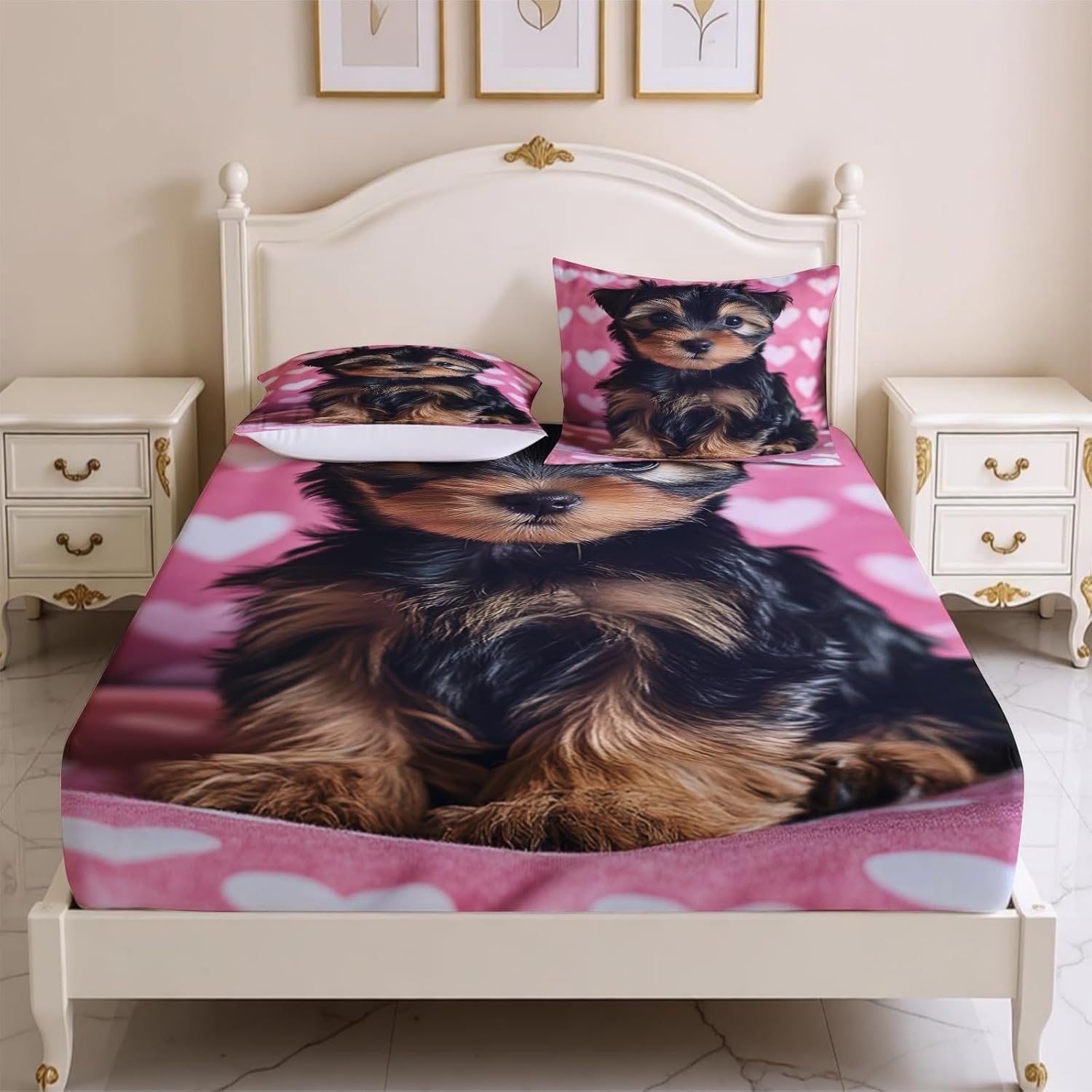 Animals Double Fitted Sheet Dogs Bed Sheets Deep Pocket 12 inch (30 cm) Soft Cozy 3 Piece Microfibre Bed Sheet 135x190 cm with 2 Pillowcases 50x75 cm