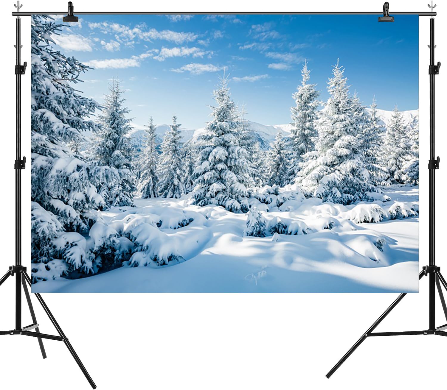 3 x 2,4 m Inverno Paese delle Meraviglie Sfondo Neve Foresta Fotografia di Natale Sfondo Bianco Scena innevata Pini Blu Cielo Nuvola Banner Decorazioni Natale Capodanno Vacanze Festa Photo