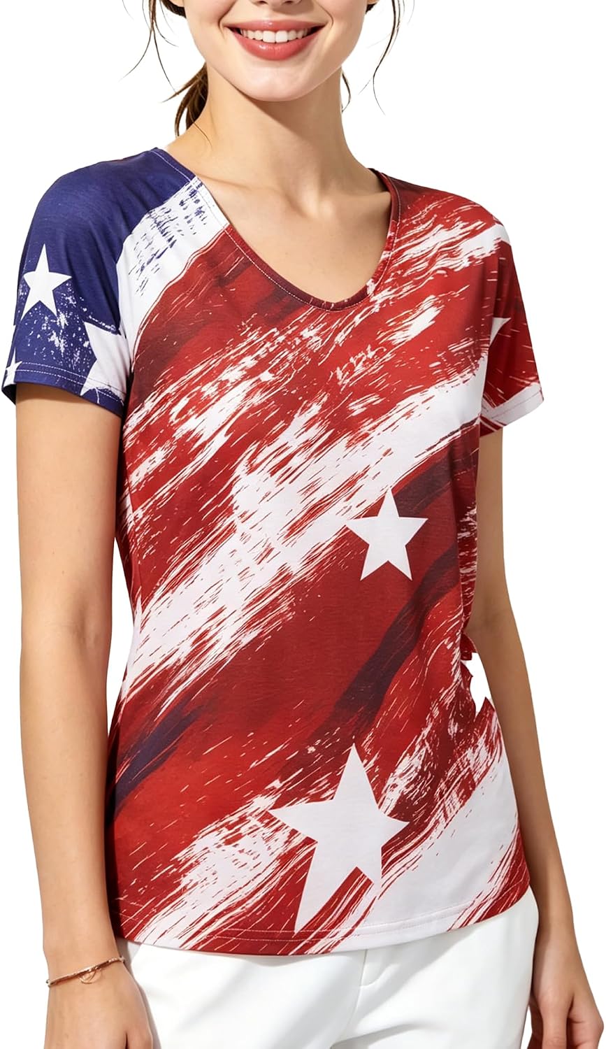 American Flag 4th of July T Shirt Women Patriotic USA Graphic Star Stripes Fourth July Tee Casual V Neck Tee Tops