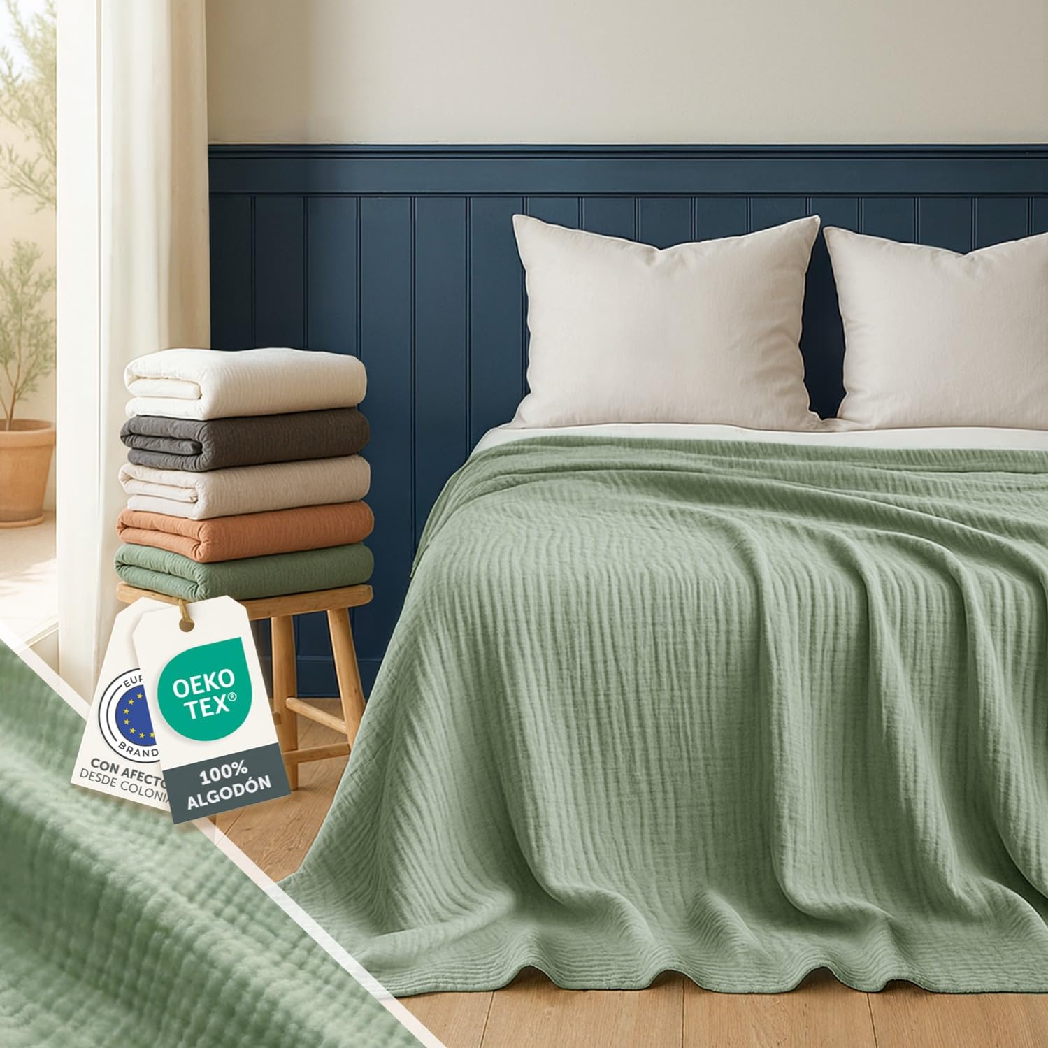 Blumtal Plaid Sofa Verano Algodón 150 x 200 cm -Manta Sofa Verano Muselina con certificación Oeko-Tex- Cubrecolcha Blanket 150 x 200 - Cubresofá -Manta de algodón 100%-Manta para sofá Verde Verano OEKO-TEX STANDARD 100