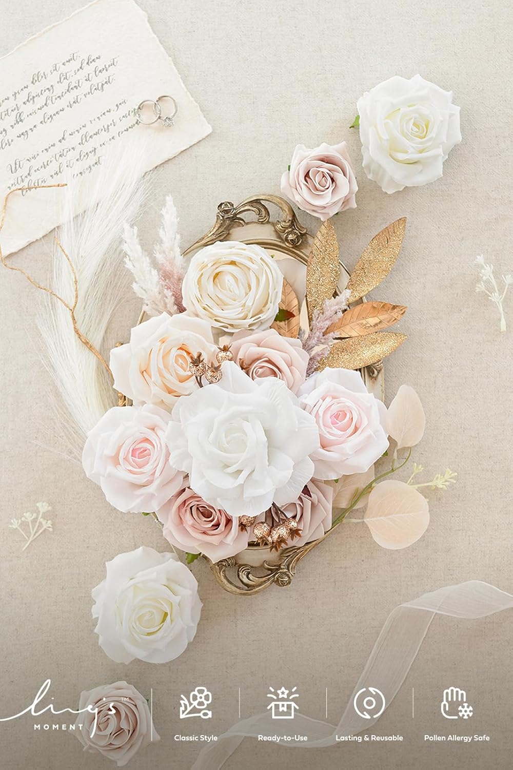 Ling's moment Fake Flowers Box, Faux Artificial Greenery Stems Foam Roses Berry Silk Eucalyptus Fabic Flower for Centerpieces Bouquet Wedding Vase Floral Decorations, White & Beige, Grand Combo - Image 8