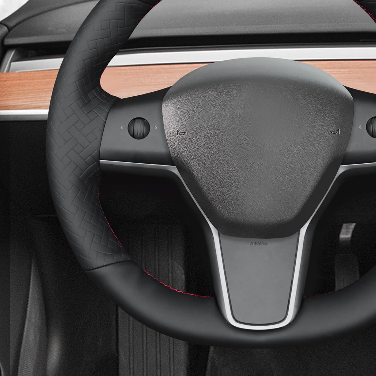 MEWANT Hand Stitch Black Woven Embossed Artificial Leather Steering Wheel Cover for Tesla Model Y 2023 Model 3 2017-2023
