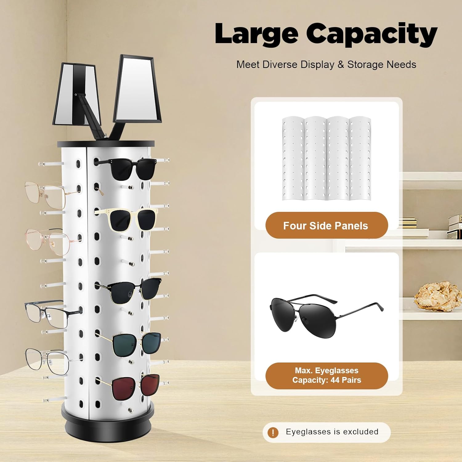 360° Rotating Glasses Display Stand 44 Pairs Sunglasses Storage Eyeglasses Holder Stand Sunglasses Display Rack with Mirror