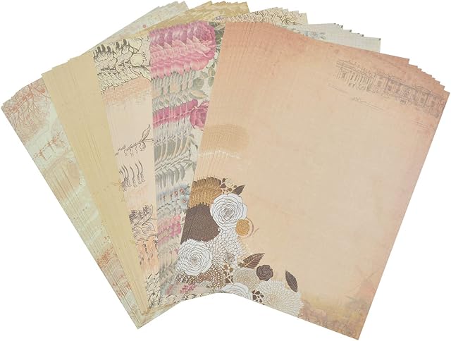 50Pcs Classic Vintage Letter Paper Printed Envelopes Vintage Stationery, Letter Writing Stationery 5 Kinds Letter Paper Set for Vintage Invites and Letters (18.5x26cm)