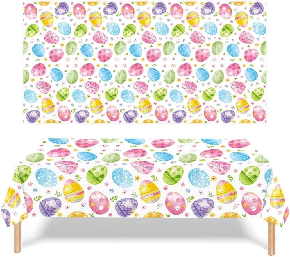 2Pcs Easter Eggs Tablecloth Easter Party Decorations Watercolor Easter Egg Tablecover Waterproof Plastic Rectangular Colorful Eggs Table Cloth for Easter, Birthday, Baby Shower, Spring Tea Party