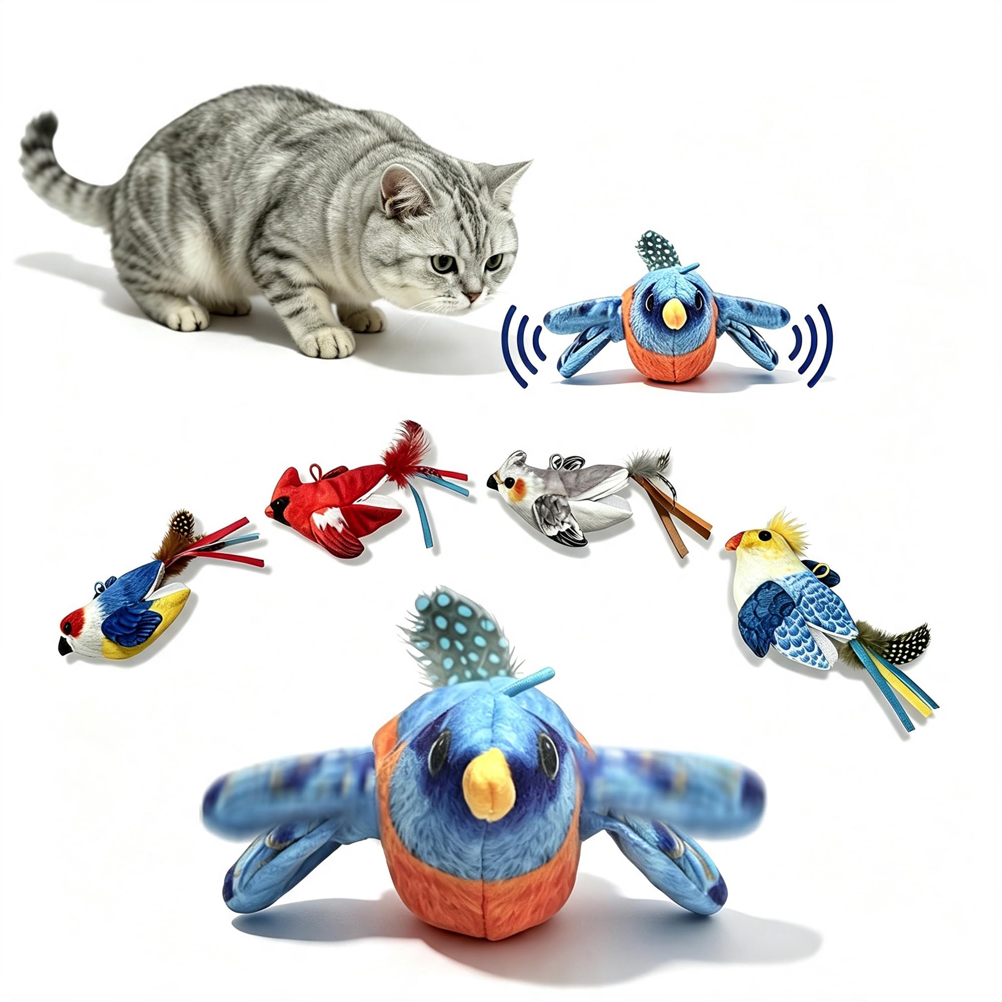 Jouet interactif pour chat d'intérieur – Jouet pour chat d'intérieur – Jouet pour chat – Activé par le toucher – Jouet rechargeable pour toutes les races – Avec 5 housses d'oiseaux et