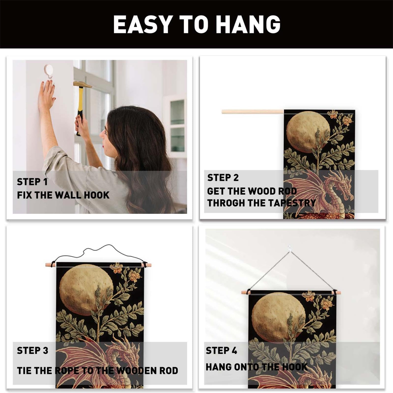 PLIGREAT 2er Pack Ästhetischer Drachen Wandteppich Mittelalterlicher Gewebter Wandbehang Mit Baummotiv Und Quasten Wandteppich Mit Mondblättern Für Schlafzimmer Wohnzimmer Heimdekor