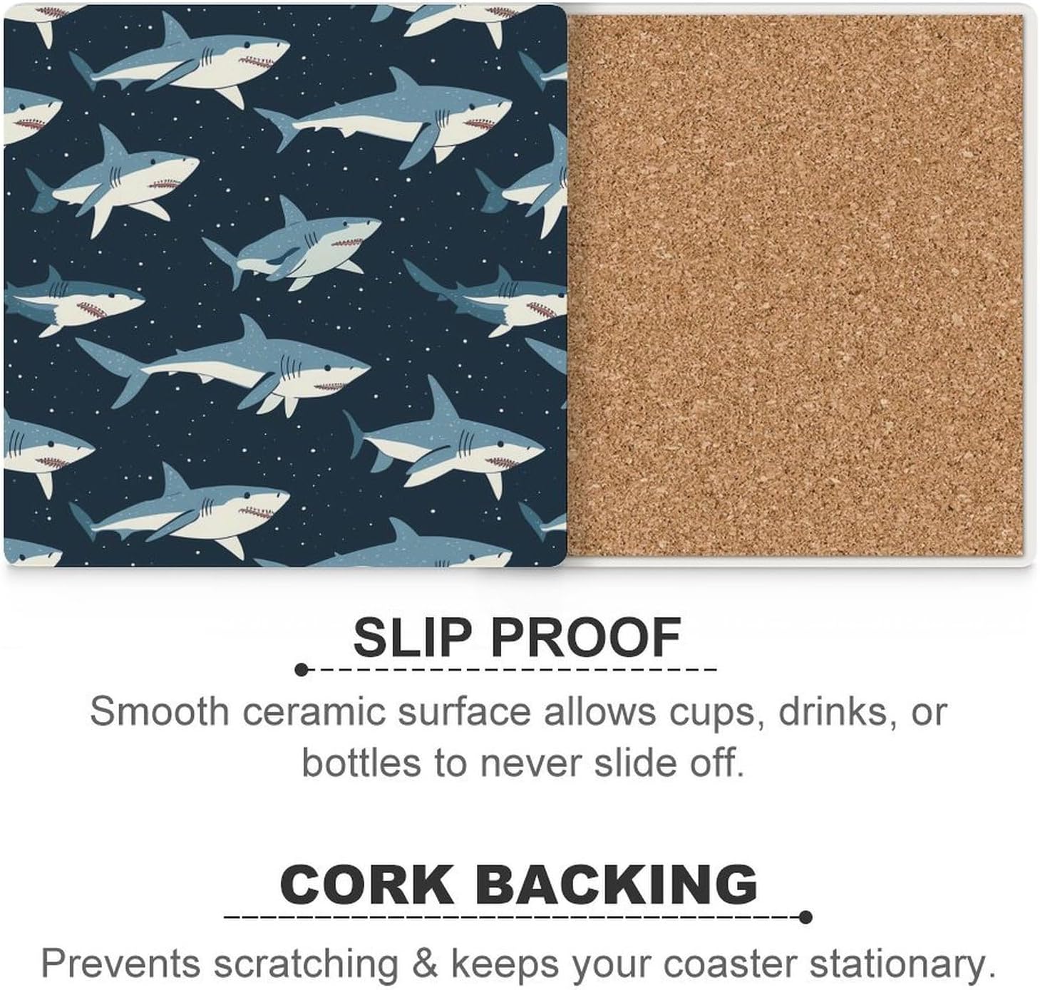 Dark Blue Sharks Funny Ceramic Coasters for Drinks Absorbent Cup Holder Tabletop Protector with Cork Base