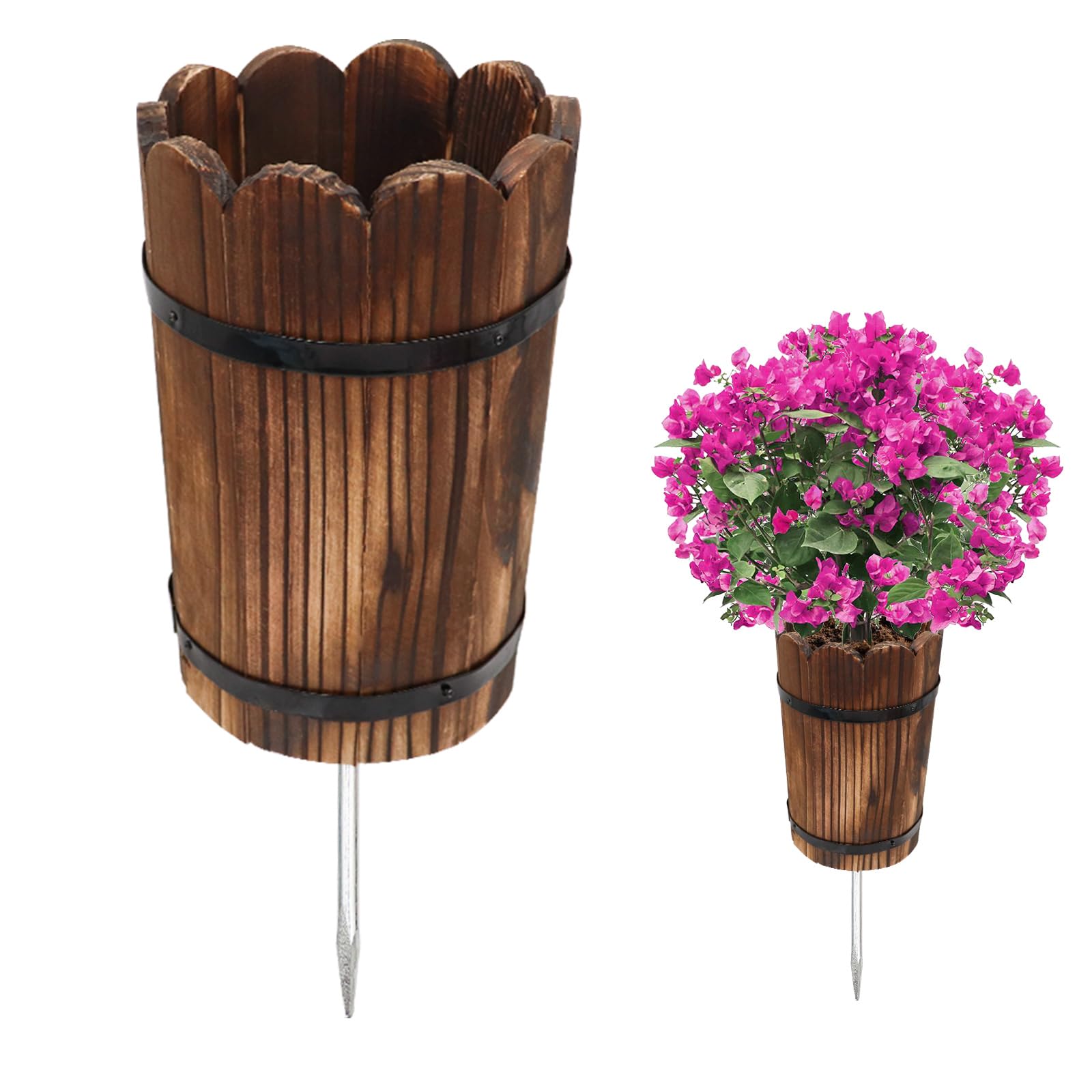 Große Friedhofsvase für Grabschmuck mit Metalldorn, Retro Grabvase aus Holz, Gedenkvase für Friedhof & Grabstein, Wetterfeste Grabdekoration für Außenbereich & Rasen