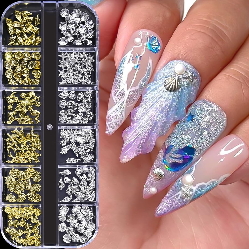 Summer Nail Charms 3D Beach Steel Studs Metal Art Charms Gold Silvery Seashell Starfish Conch Beach Ocean Theme Designs Nail Supplies for Women Girls Manicure 12 Grids
