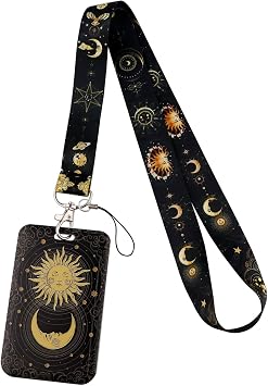 Black ID Lanyard with Card Holder Cool Keys Neck Lanyard Strap for Men Women Girls Students Teachers Kids for Keys ID Holder Wallets ID Badge, 49 * 2.5cmMoon Sun