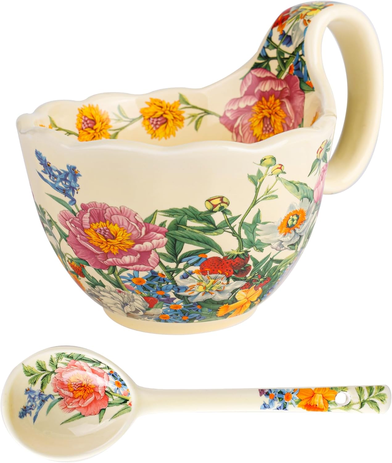 16-Ounce Microwave-Safe Soup Bowl with Loop Handle - Hand-Painted Decorative Soup Mug with Spoon - Oven-Safe Cereal Bowl for Ice Cream, Stew, Snacks, and Fruit (Blossoms)