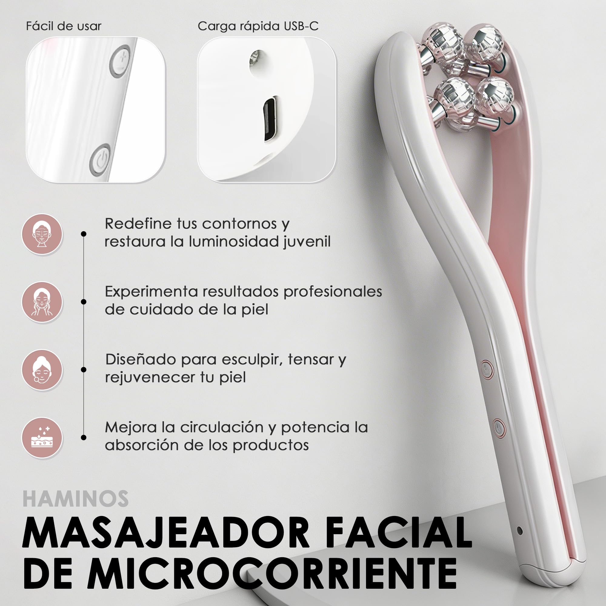 HAMINOS Masajeador Facial con Microcorrientes y Rodillo 3D, 3 Niveles de Intensidad, Masajeador Facial Eléctrico para Lifting, Rostro, Cuello, Brazos y Piernas, OBLIGATORIO USAR CON SERUM