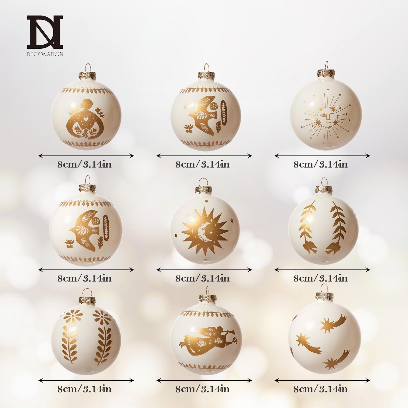 DN DECONATION Weihnachtskugeln Set aus 9 elfenbeinfarbenen Christbaumkugeln | aus Glas, 8 cm Weihnachtsbaumschmuck mit goldenen Friedenssymbolen für Weihnachtsbaum Deko und festliche Weihnachtsdeko