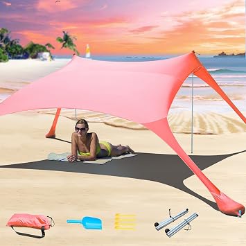 Beach Tent, Sun Protection, UPF 50+, UV Protection, Outdoor Canopy, Sun Protection with 2 Poles for Camping, Beach, Fishing, Backyard and Picnic, with Sandproof Beach Blanket, Red, 200 x 210 x
