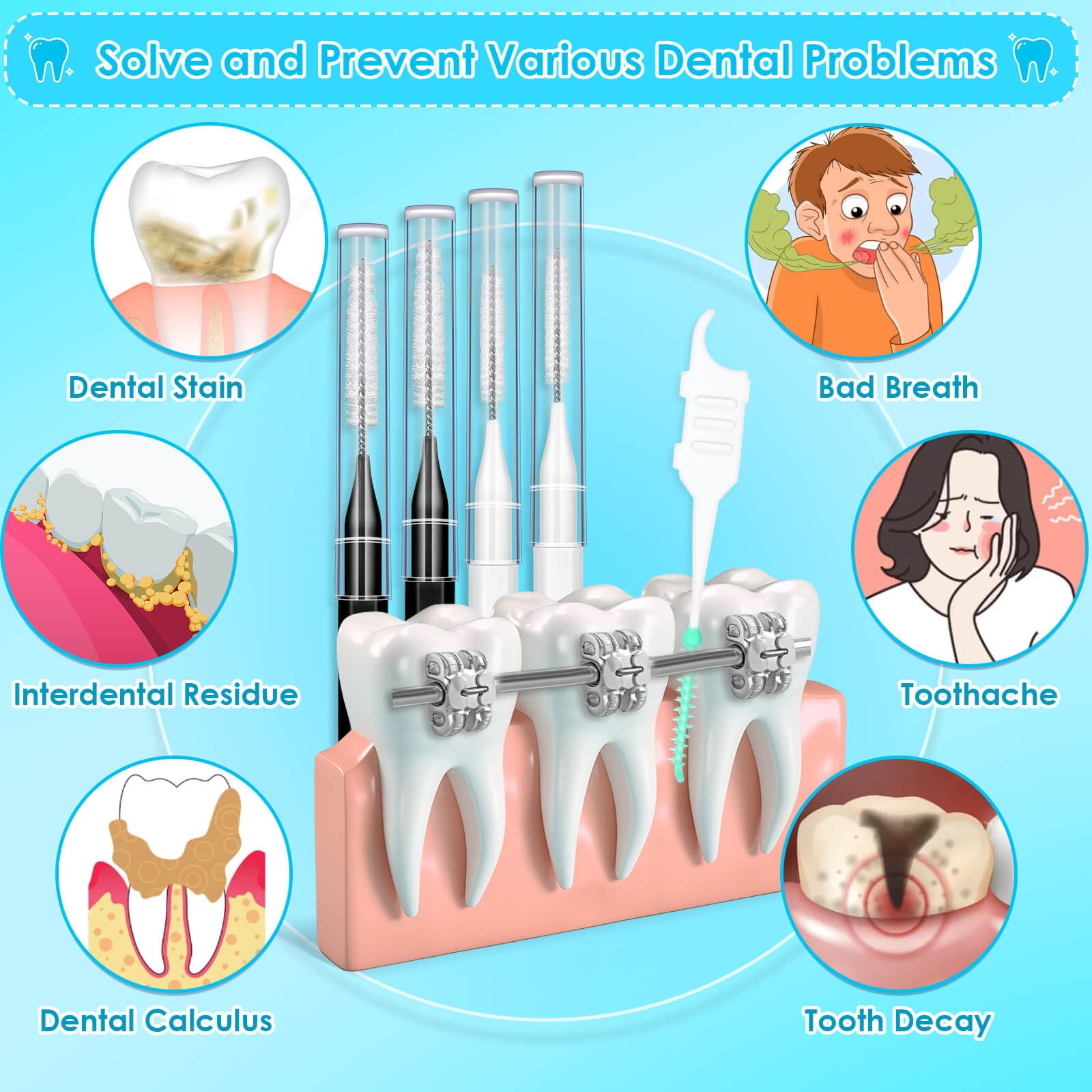 Jupwalz 270 cepillos interdentales, 220 púas dentales suaves y 50 cepillos de tirantes para dientes, cabezales de hilo dental flexibles, cepillos interdentales entre dientes, limpiador de dientes