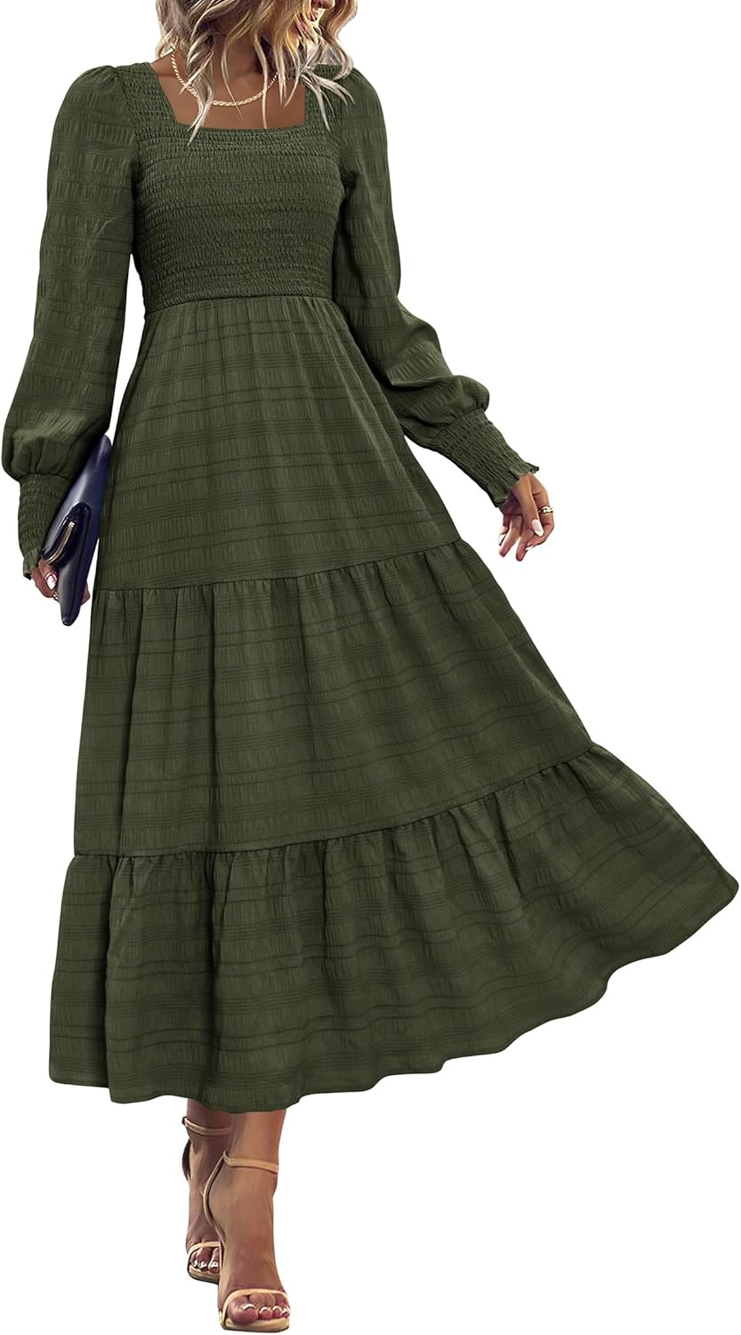 KIRUNDO Spring Dresses for Women 2026 Wedding Guest Maxi Long Sleeve Summer Smocked High Waist Flowy Party Cocktail Dress