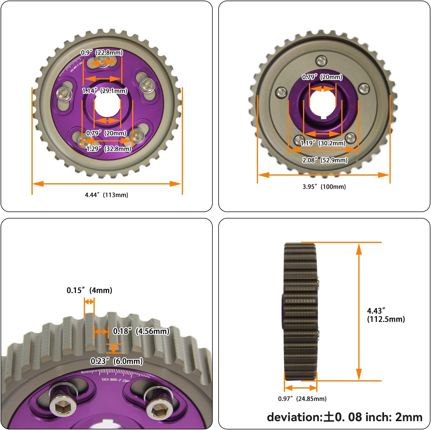 Clear Gear Timing Belt Cover+Cam Gear Compatible with Honda Civic D15 D16 SOHC 1996-2000 Purple