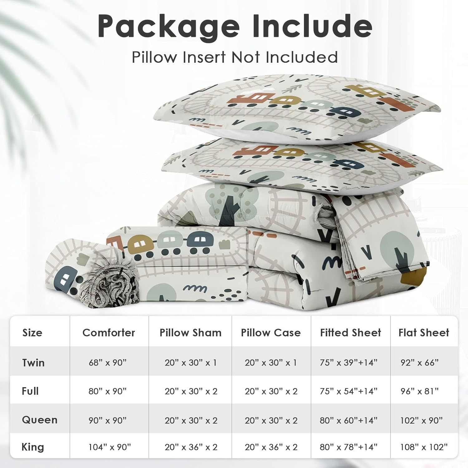 Comforter Set 7Pcs Queen Size, Cartoon Car Train Road Map, Bed Decor Cute Forest Traffic Baby Nursery Bedroom Bedding Set with Fitted Sheet Flat Sheet Pillowcases Shams for Kids and Adults