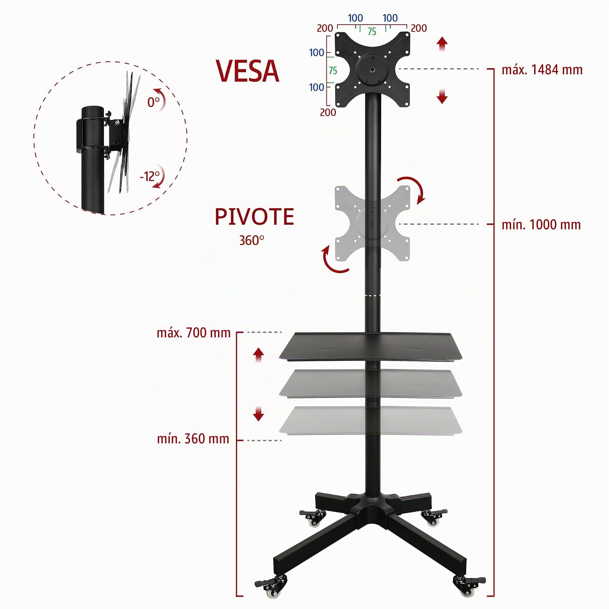 Ergosolid Soporte con Ruedas Ajustable para TV LCD LED, 19"- 37"(48 a 94 cm de Diagonal) con VESA máx. 200 x 200 mm, hasta 20 kg