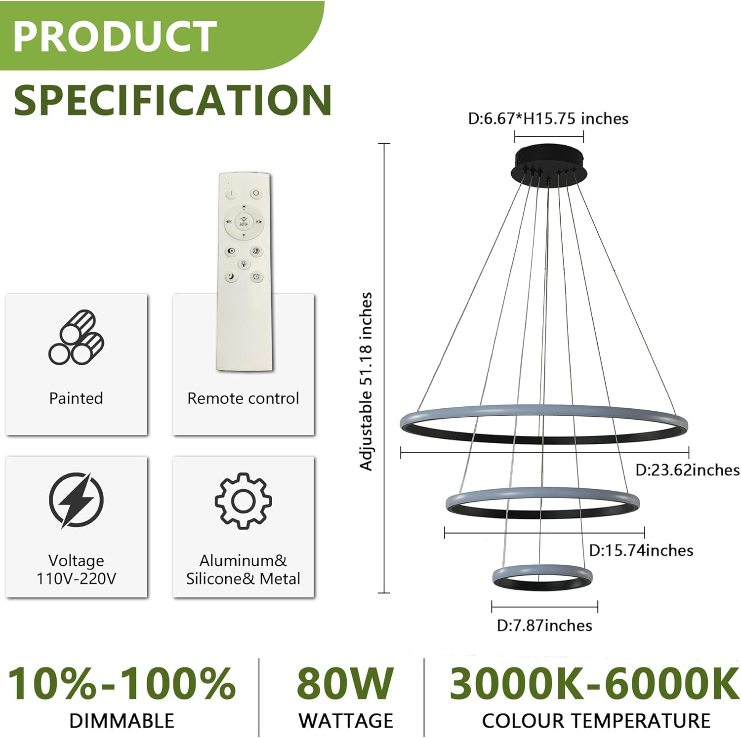 Black 3-Ring LED Pendant Light, Dimmable Modern Chandelier, Adjustable LED Island Lighting for Kitchen Island, Dining Room, Foyer, High Ceiling Spaces