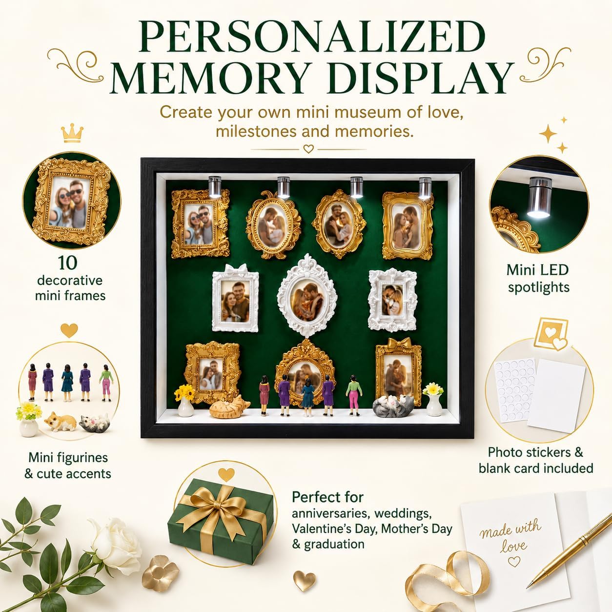 DIY Mini Frames Silhouette Box, Shadow Box Frame Kit with Gold Mini Frames and Figurines, Celebrate Your Unique Memories, for Anniversary, Wedding, Birthday, Valentine's Day & Home Decor