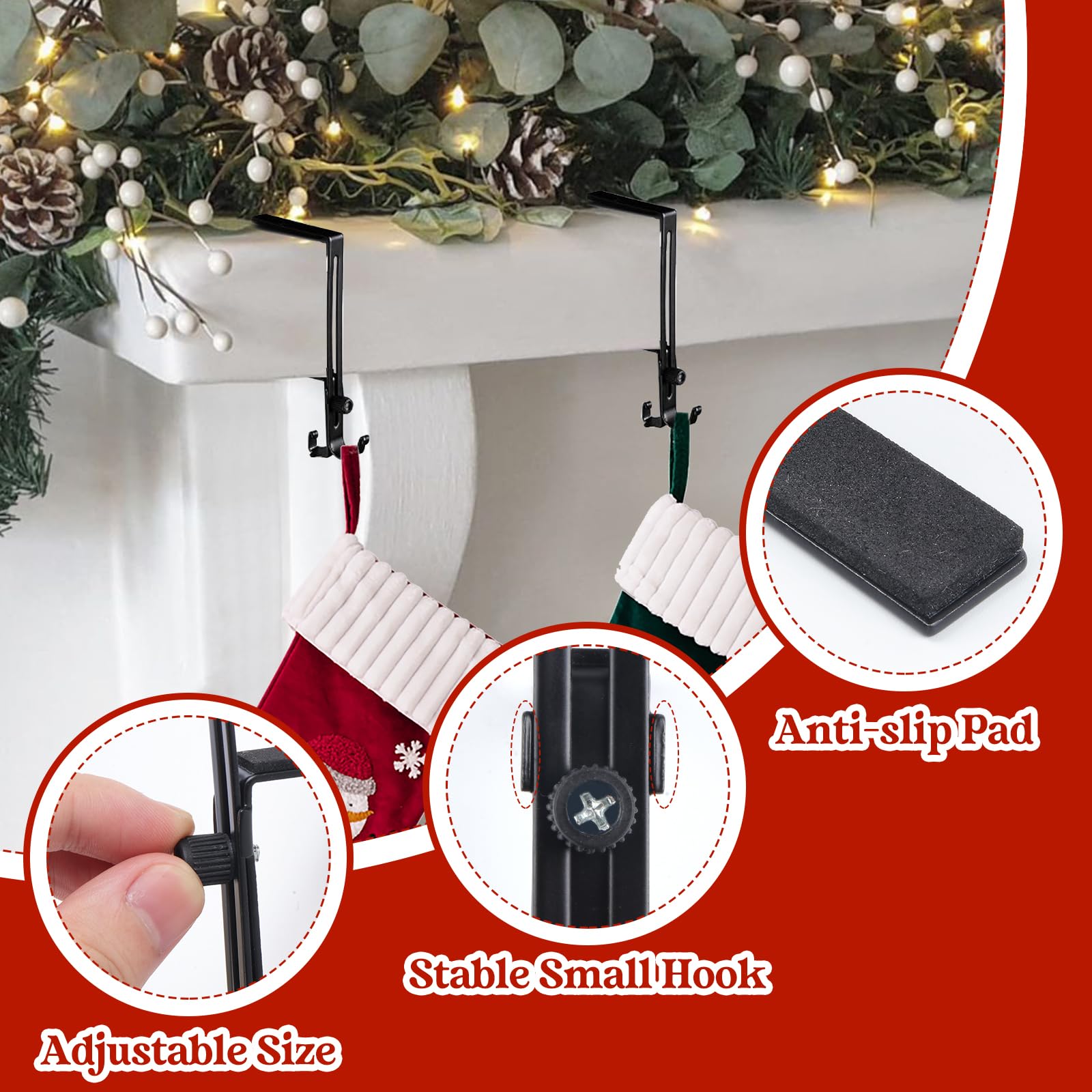 Kungfu Mall Christmas Stocking Hangers for Fireplace Adjustable Christmas Stocking Hooks, Christmas Stocking Holders - Image 3