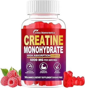 Creatine Monohydrate Gummies Infused with 5g Creatine for Men and Women, Chewable Creatine Monohydrate for Muscle Strength, Muscle Builder, Energy Boost, Pre-Workout Supplement- 90 Raspberry Gummies