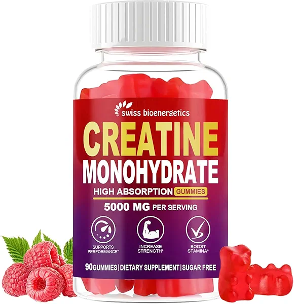 Creatine Monohydrate Gummies Infused with 5g Creatine for Men and Women, Chewable Creatine Monohydrate for Muscle Strength, Muscle Builder, Energy Boost, Pre-Workout Supplement-Raspberry 90 Count