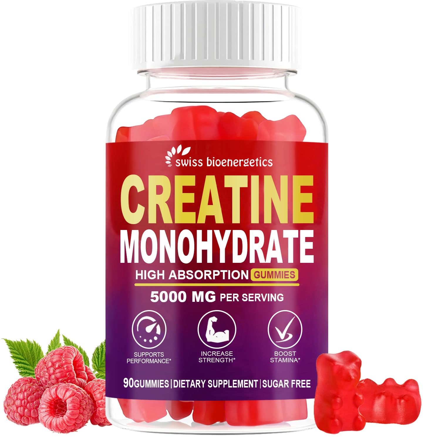 swiss bioenergetics Creatine Monohydrate Gummies Infused with 5g Creatine for Men and Women, Chewable Creatine Monohydrate, 90 Raspberry Flavor Counts Supplement Gummies (30-Day Supply)