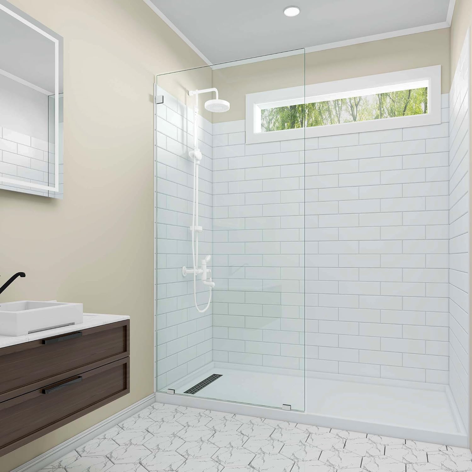 Sunrosa 36"×76" Shower Glass Panel, Fixed Glass Shower Panel with Brushed Nickel Hardware, 5/16"(8mm) Thick Tempered Shower Glass, Easy to Clean