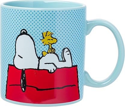Silver Buffalo Peanuts Snoopy and Woodstock on House Blue Dot Background Ceramic Coffee Mug, 20 Ounces