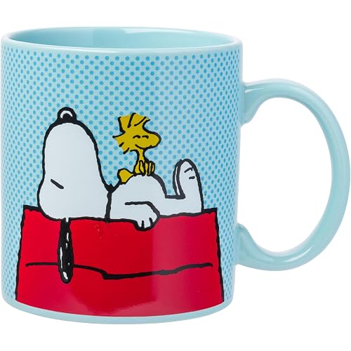 Silver Buffalo Peanuts Snoopy and Woodstock on House Blue Dot Background Ceramic Coffee Mug, 20 Ounces