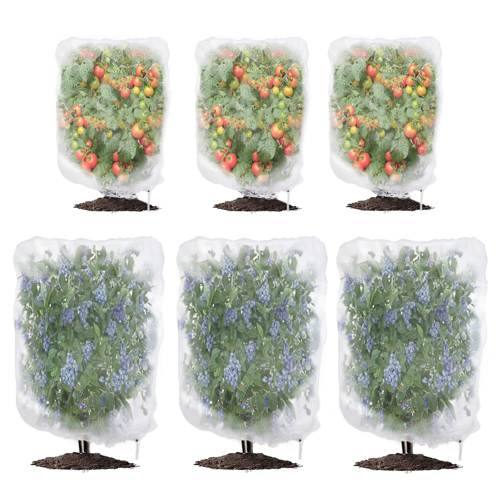 6 Pack Garden Netting for Plants Mesh Fruit Tree Blueberry Pest Barrier Bug Netting with Drawstring 2-Size Insect Bird Netting for Tomato Vegetable Net