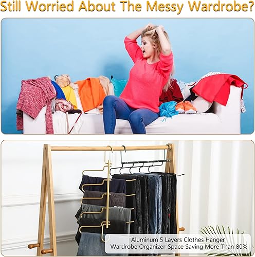 Miniatura 10 de Perchas de aluminio para pantalones que ahorran espacio, 5 capas multifuncionales, sin olor, libre de óxido, organizador de armario resistente para