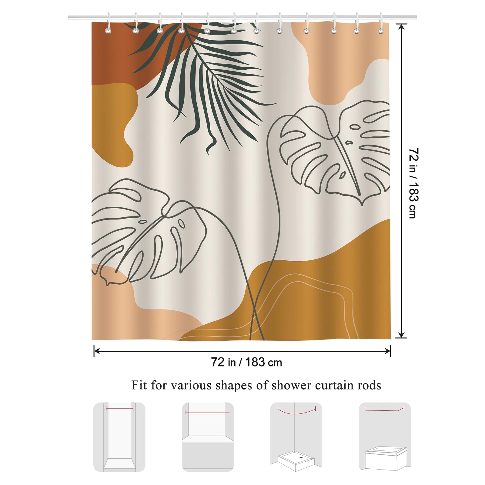 Bonhause Duschvorhang – Boho Blumen, 180x180 Cm, Wasserdicht, Mit 12 Haken