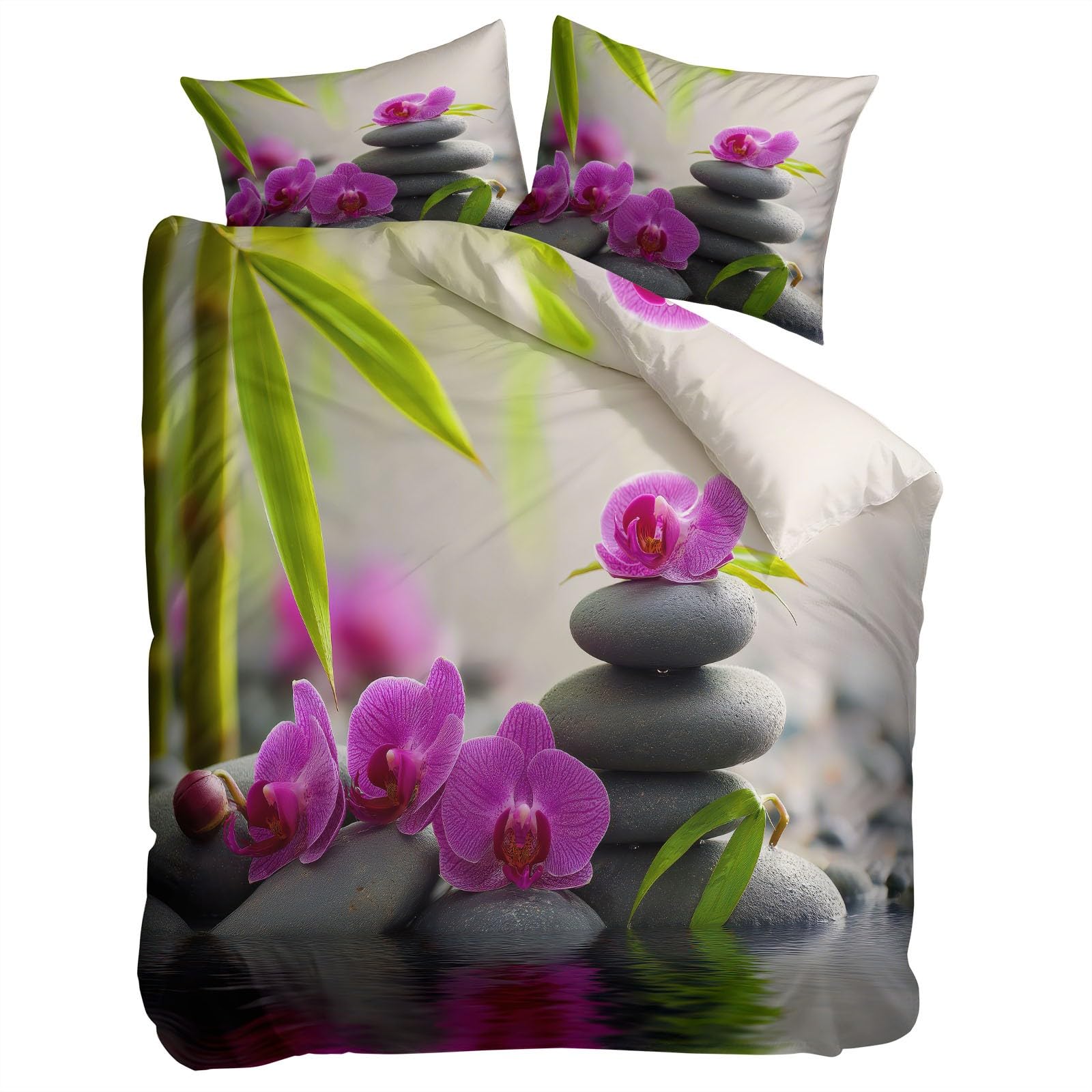 Zestaw pościeli z mikrofibry 220 x 240 cm Orchidea Krajobraz Bambus I Kamienie Dwustronne Miękkie Łatwe w Pielęgnacji Pościel Poszwa na kołdrę Zestaw pościeli z poszewką na poduszkę, kremowy