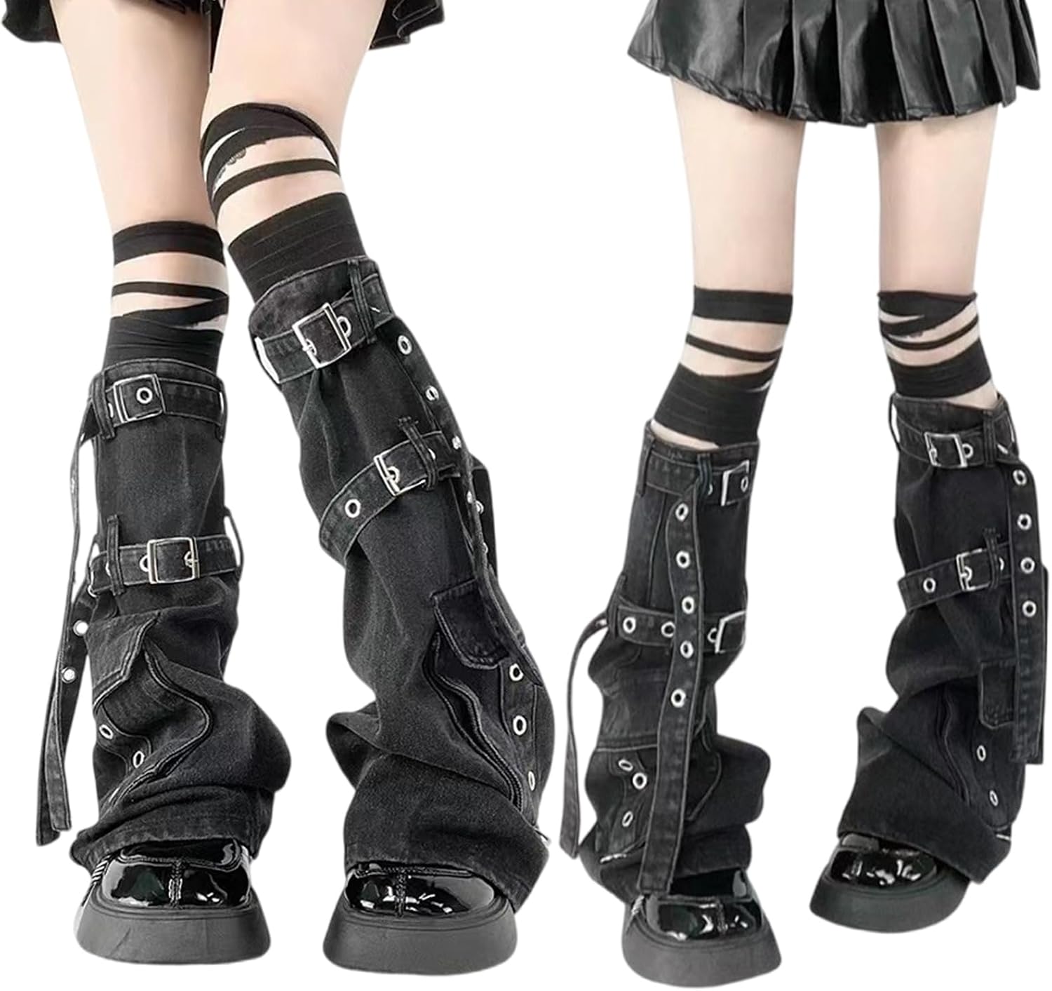 Punk Cargo Denims Leg Warmer with Metal Buckled and Pockets Boot Cover Knee Highs Flared Stockings for Women Denims