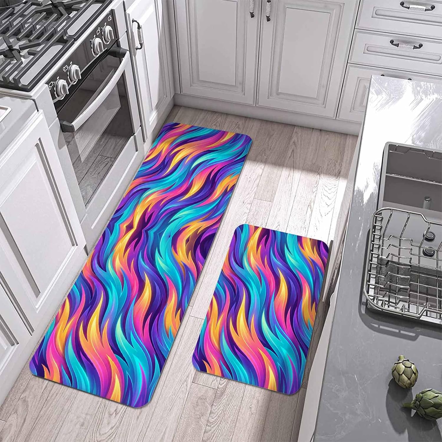 Prime Leader Abstract Gradient Art Kitchen Mat Set 2 Pieces Blue Purple Yellow Ombre Feather Texture Non Slip Kitchen Rugs Washable Runner Rug Mats for Sink Laundry (15.7" x 23.6"+15.7" x 47.2")