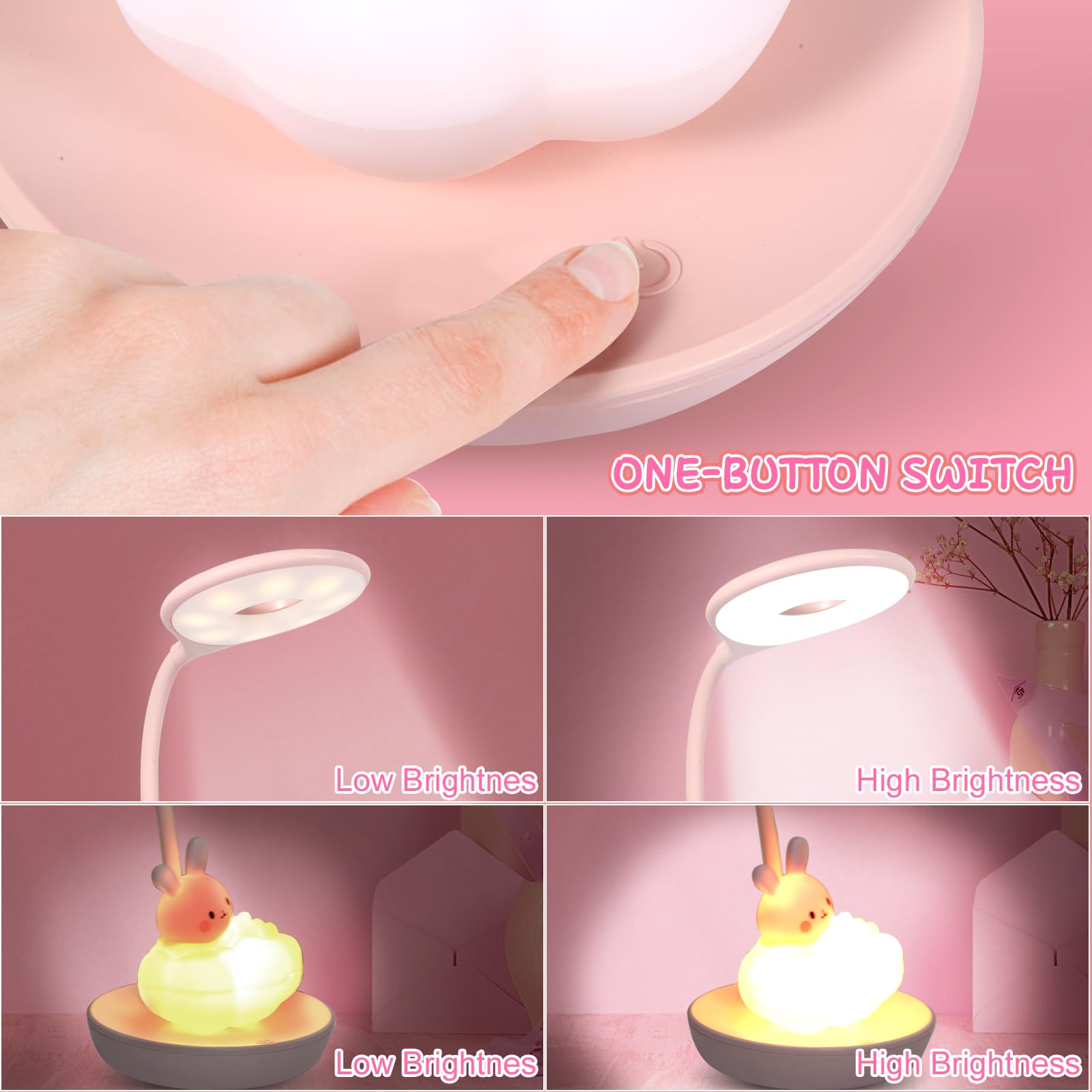 MARZIUS Dimmable Touch LED Reading Desk Lamp Night Light with 5 Levels Brightness for Boy,Girl Kid Teen (Pink Cloudy Bunny) - Image 3