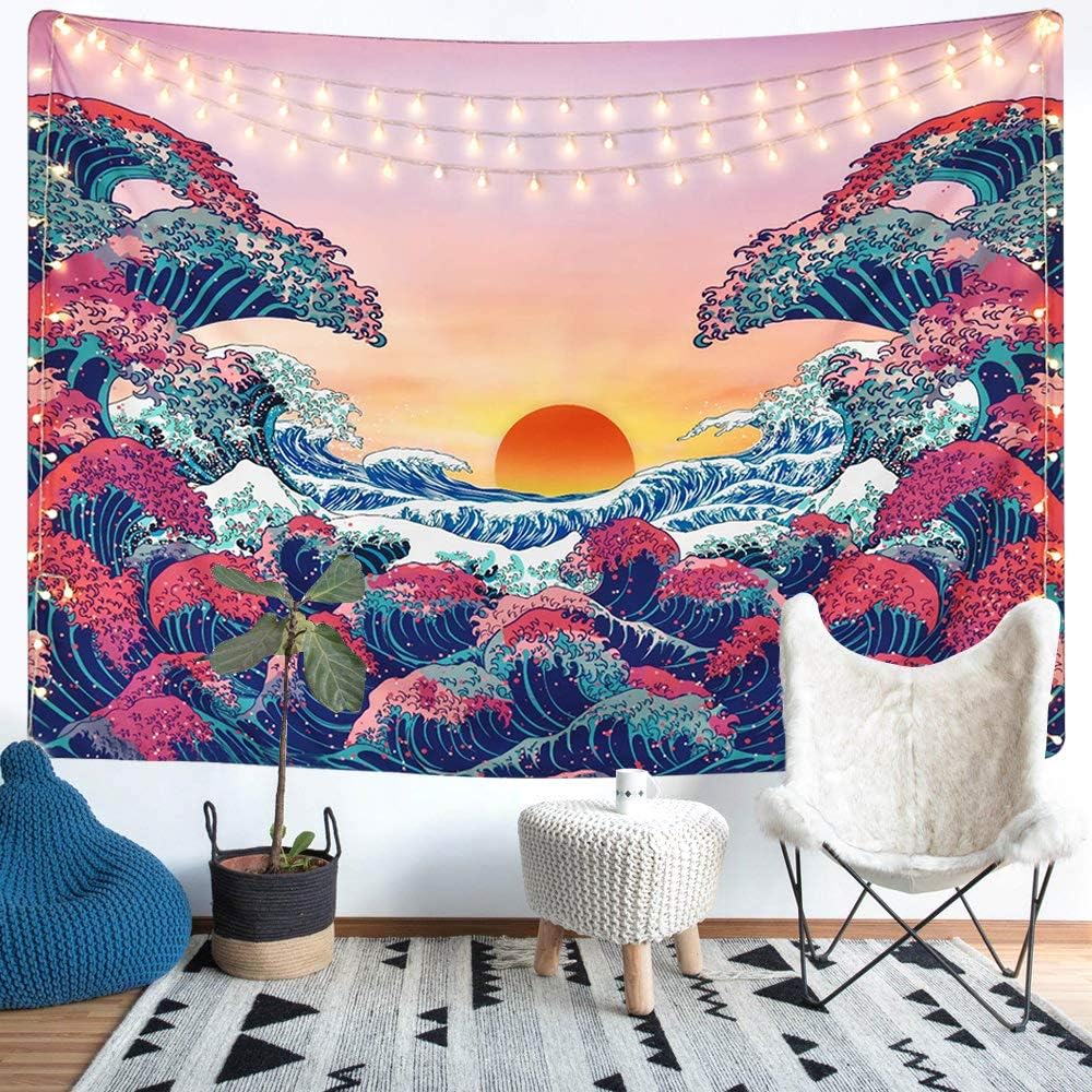 LOMOHOO Wall Hanging Large Ocean Wave Orange Wall Tapestry Sunset with Wall Art Nature Home Decorations for Living Room Bedroom Decor (M/130cmX150cm)
